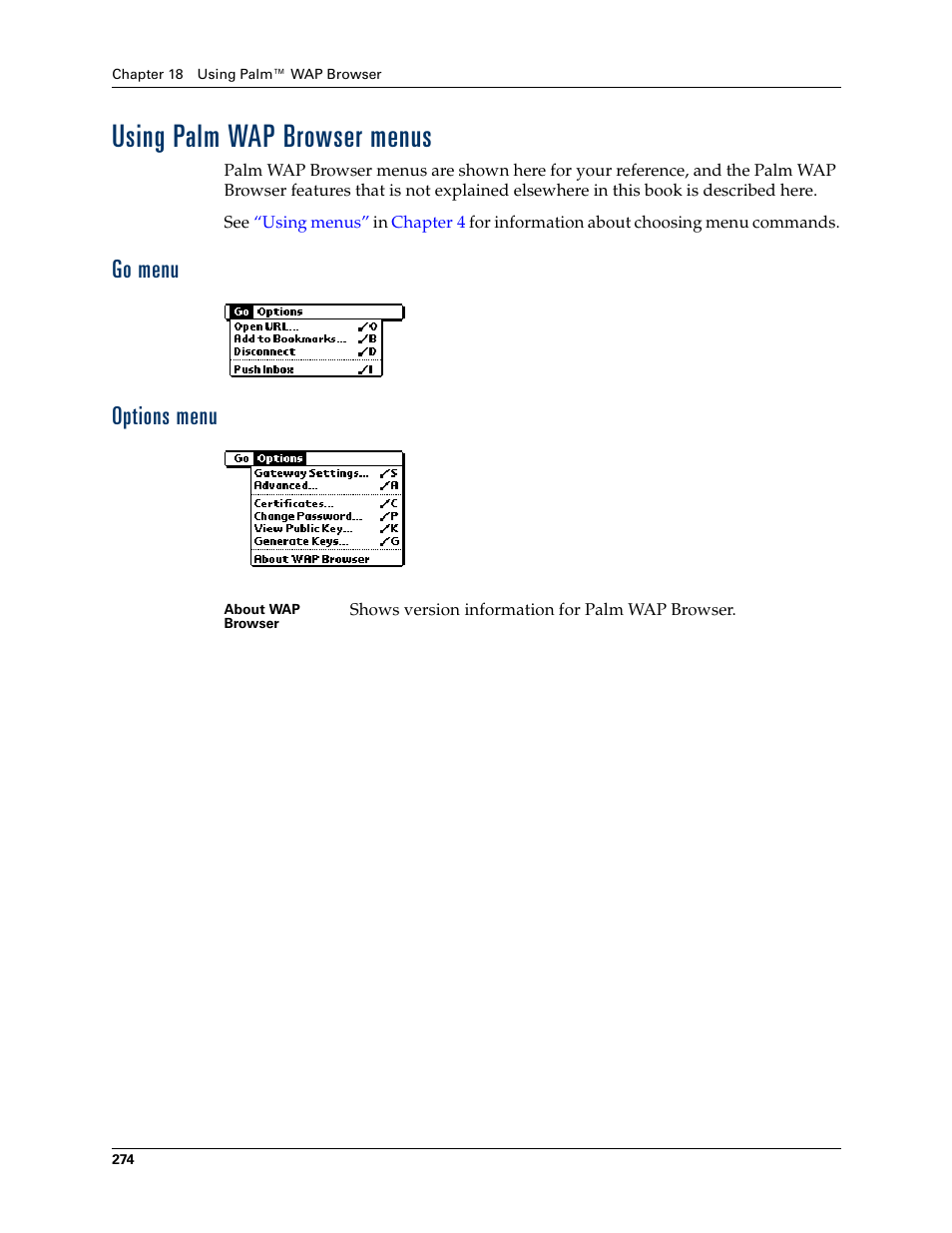 Using palm wap browser menus, Go menu, Options menu | Go menu options menu, Creating and editing gsm connections | Palm Tungsten W User Manual | Page 288 / 428