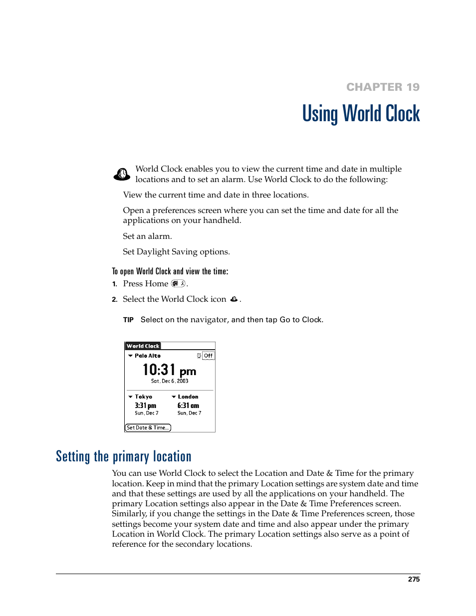 Using world clock, Setting the primary location, Chapter 19: using world clock | Chapter 19 | Palm Tungsten W User Manual | Page 289 / 428