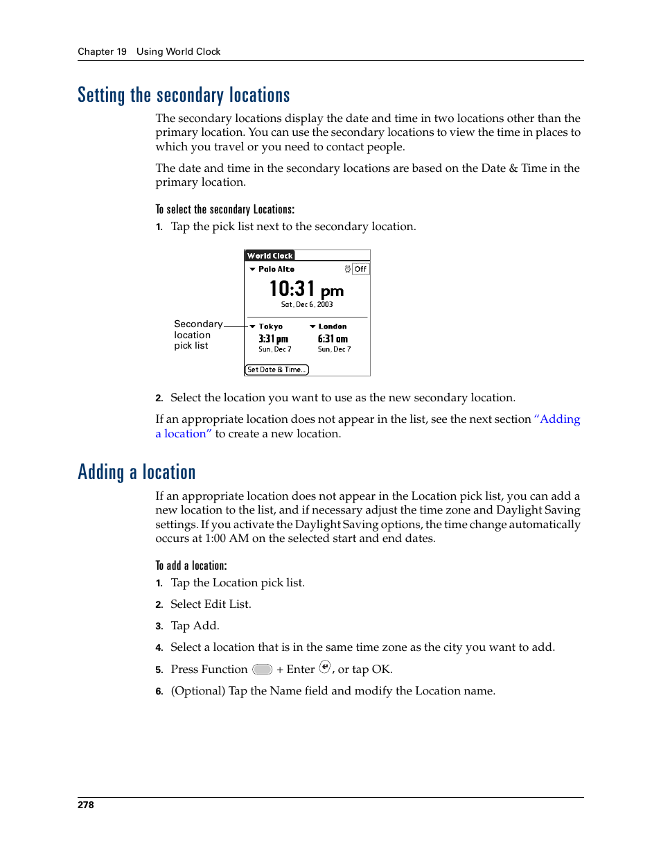 Setting the secondary locations, Adding a location, Setting the secondary locations adding a location | Adding, A location | Palm Tungsten W User Manual | Page 292 / 428