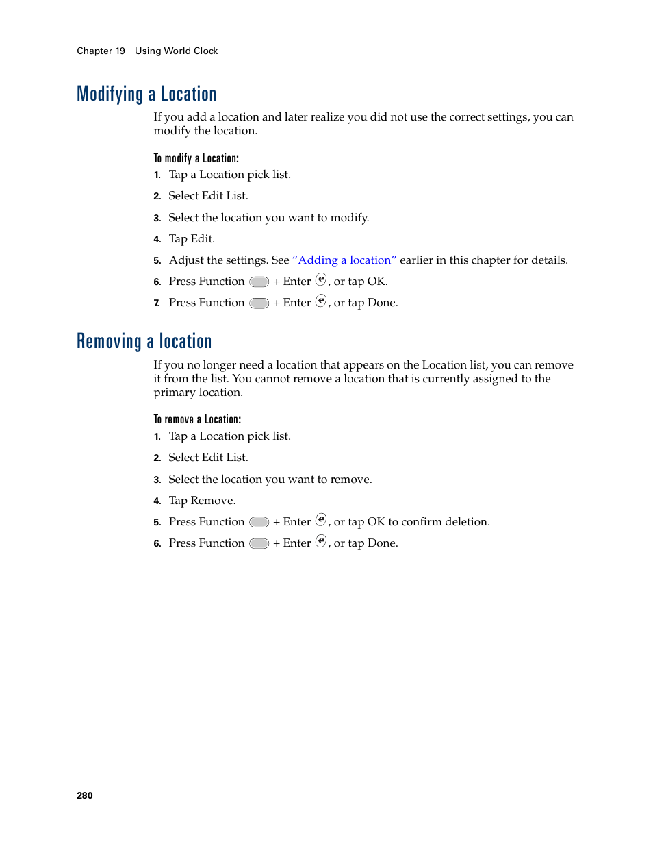 Modifying a location, Removing a location, Modifying a location removing a location | Palm Tungsten W User Manual | Page 294 / 428