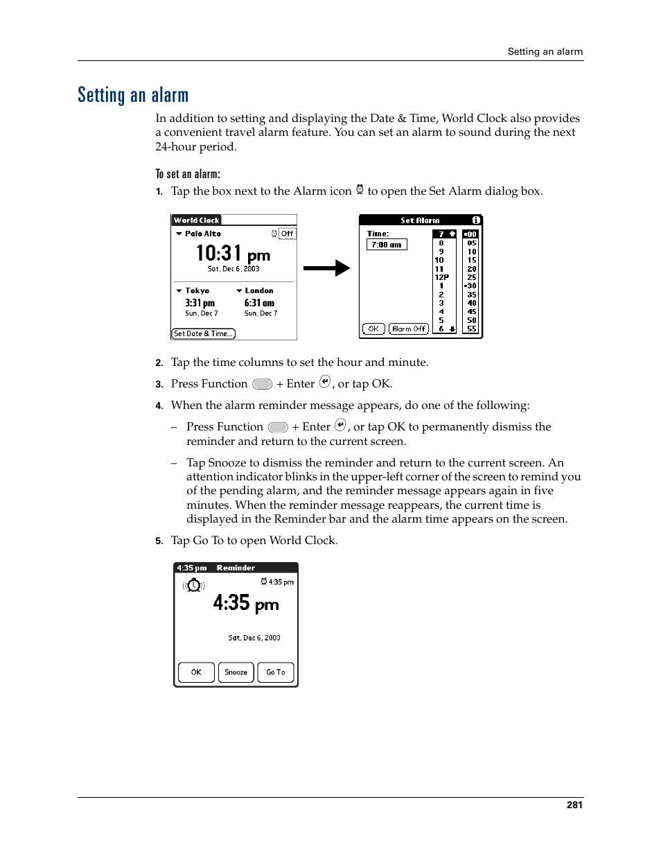 Setting an alarm | Palm Tungsten W User Manual | Page 295 / 428