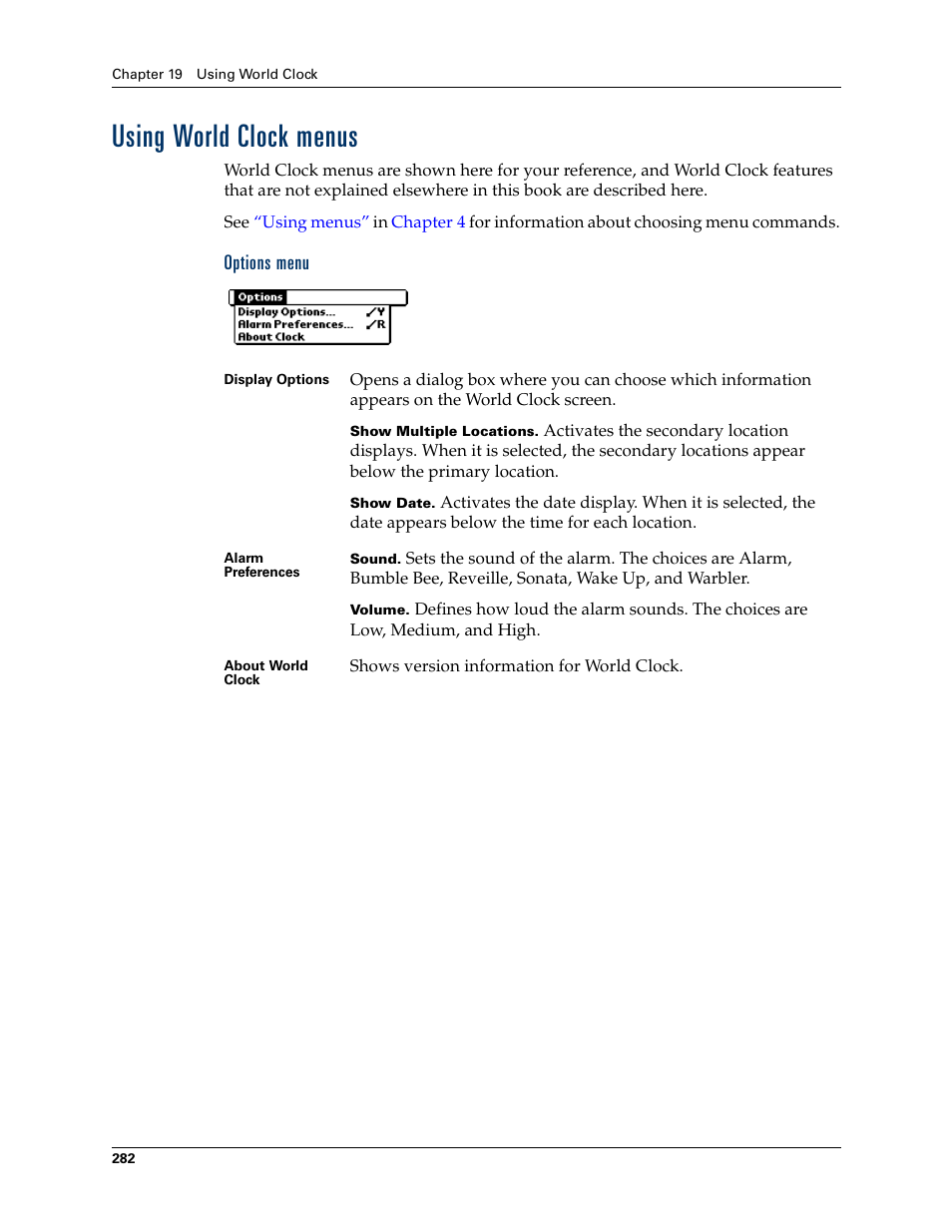 Using world clock menus, Options menu | Palm Tungsten W User Manual | Page 296 / 428