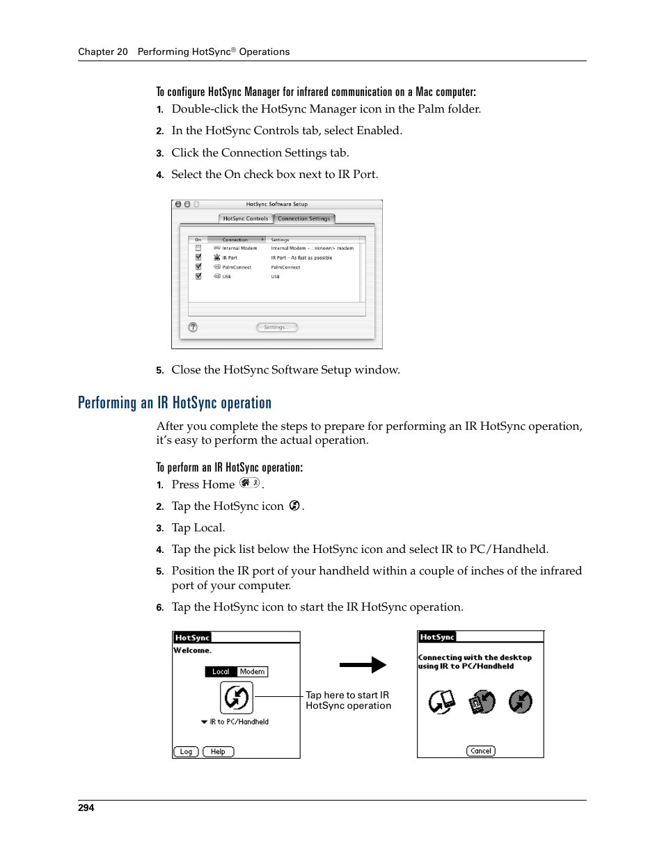 Performing an ir hotsync operation | Palm Tungsten W User Manual | Page 308 / 428