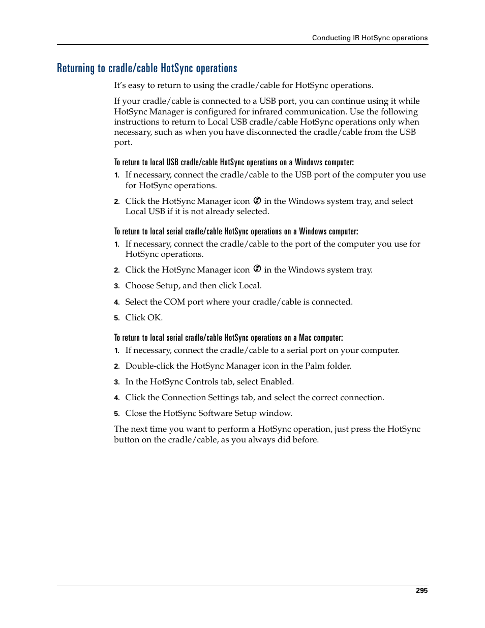 Returning to cradle/cable hotsync operations | Palm Tungsten W User Manual | Page 309 / 428