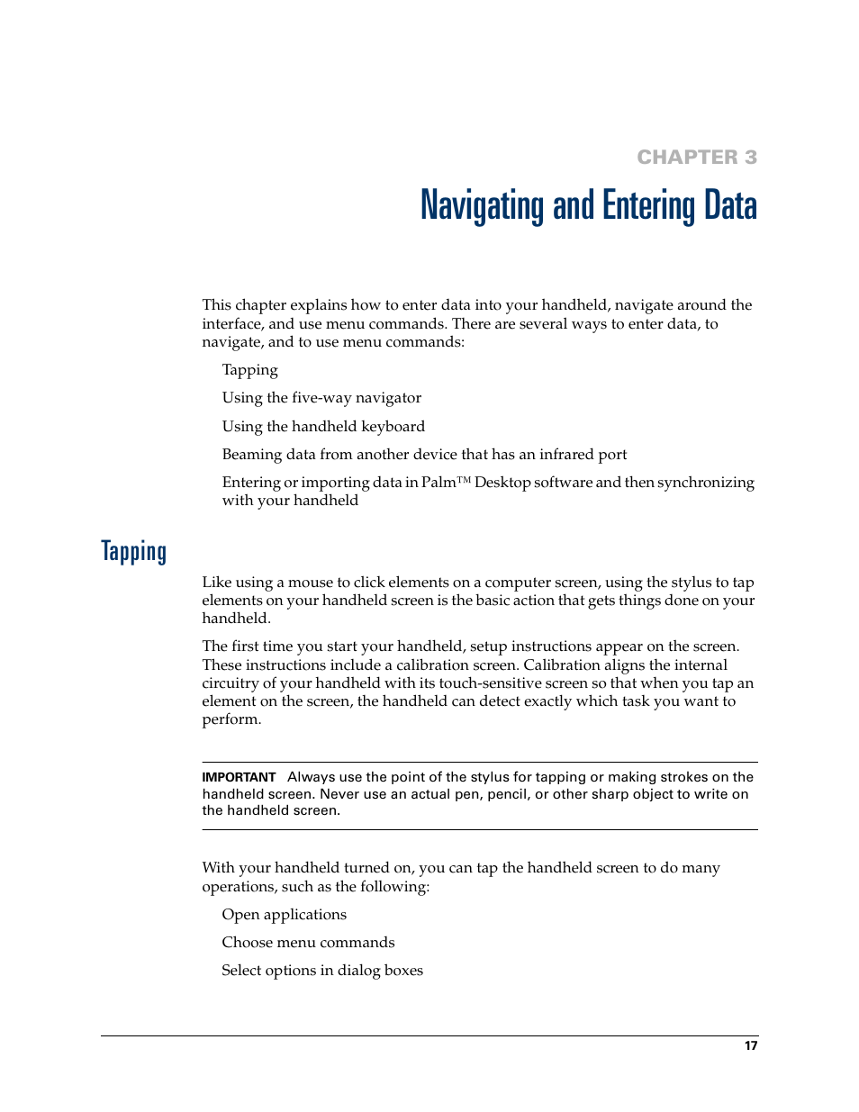 Navigating and entering data, Tapping, Chapter 3: navigating and entering data | Chapter 3, To l | Palm Tungsten W User Manual | Page 31 / 428