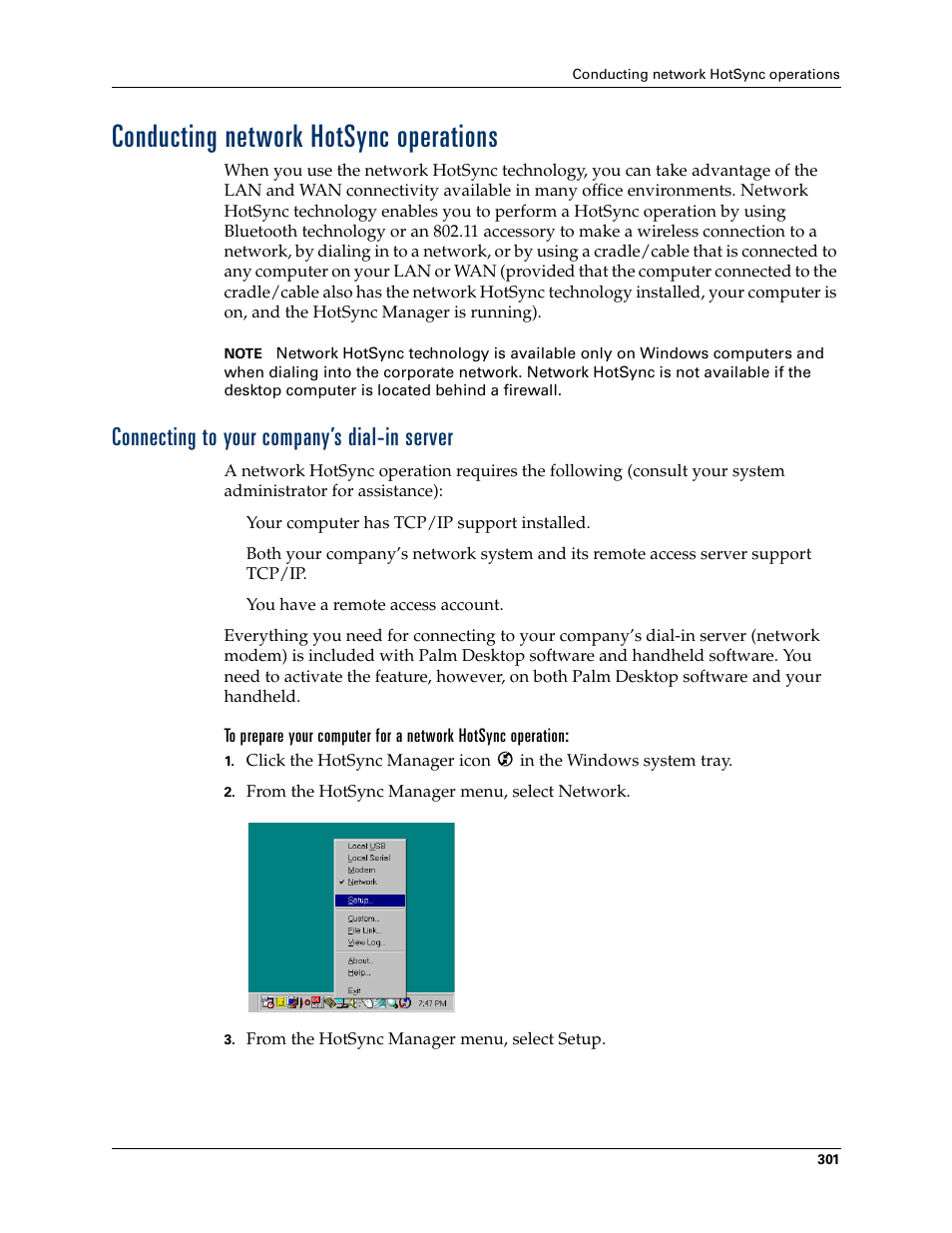 Conducting network hotsync operations, Connecting to your company’s dial-in server, Late | Palm Tungsten W User Manual | Page 315 / 428