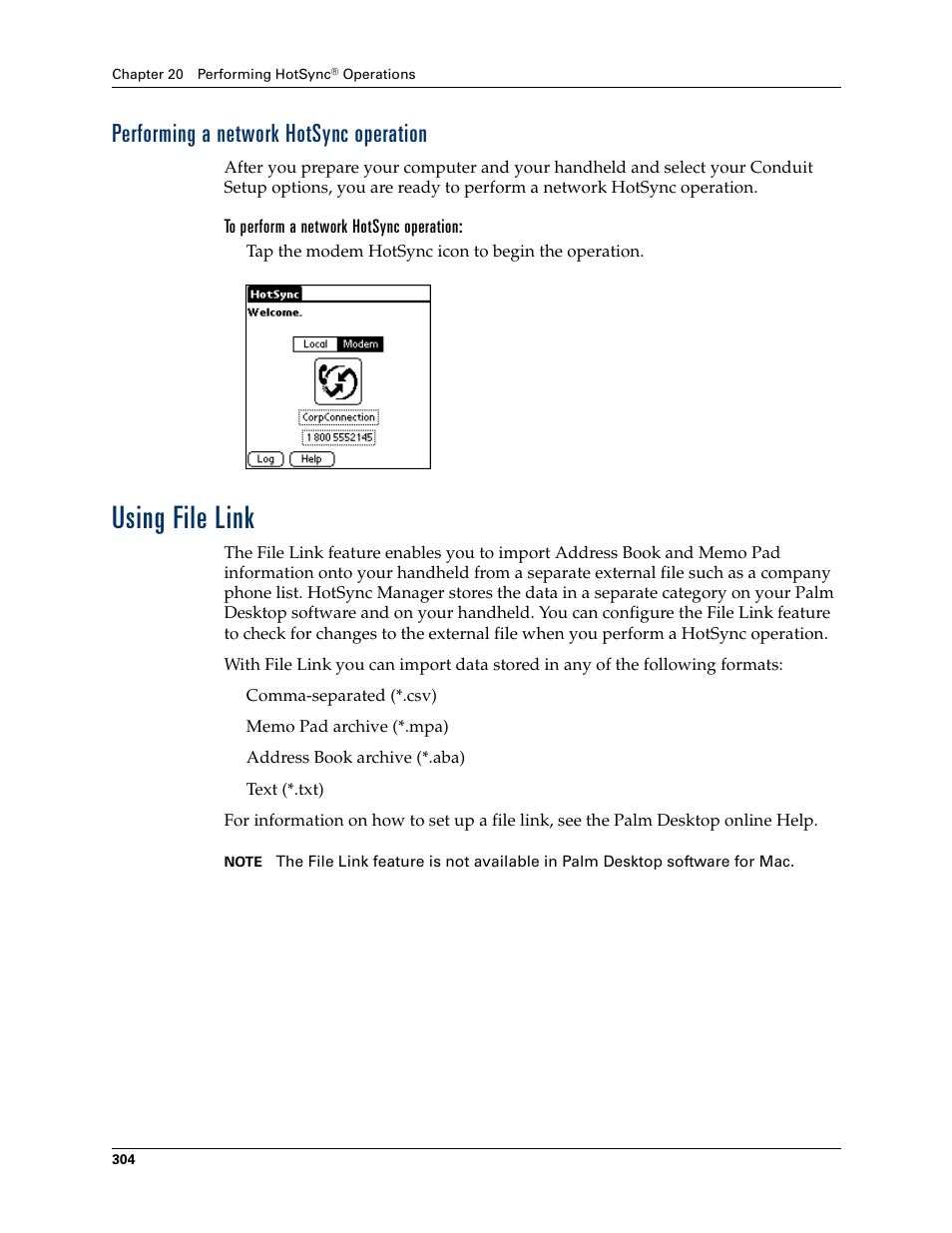 Performing a network hotsync operation, Using file link | Palm Tungsten W User Manual | Page 318 / 428