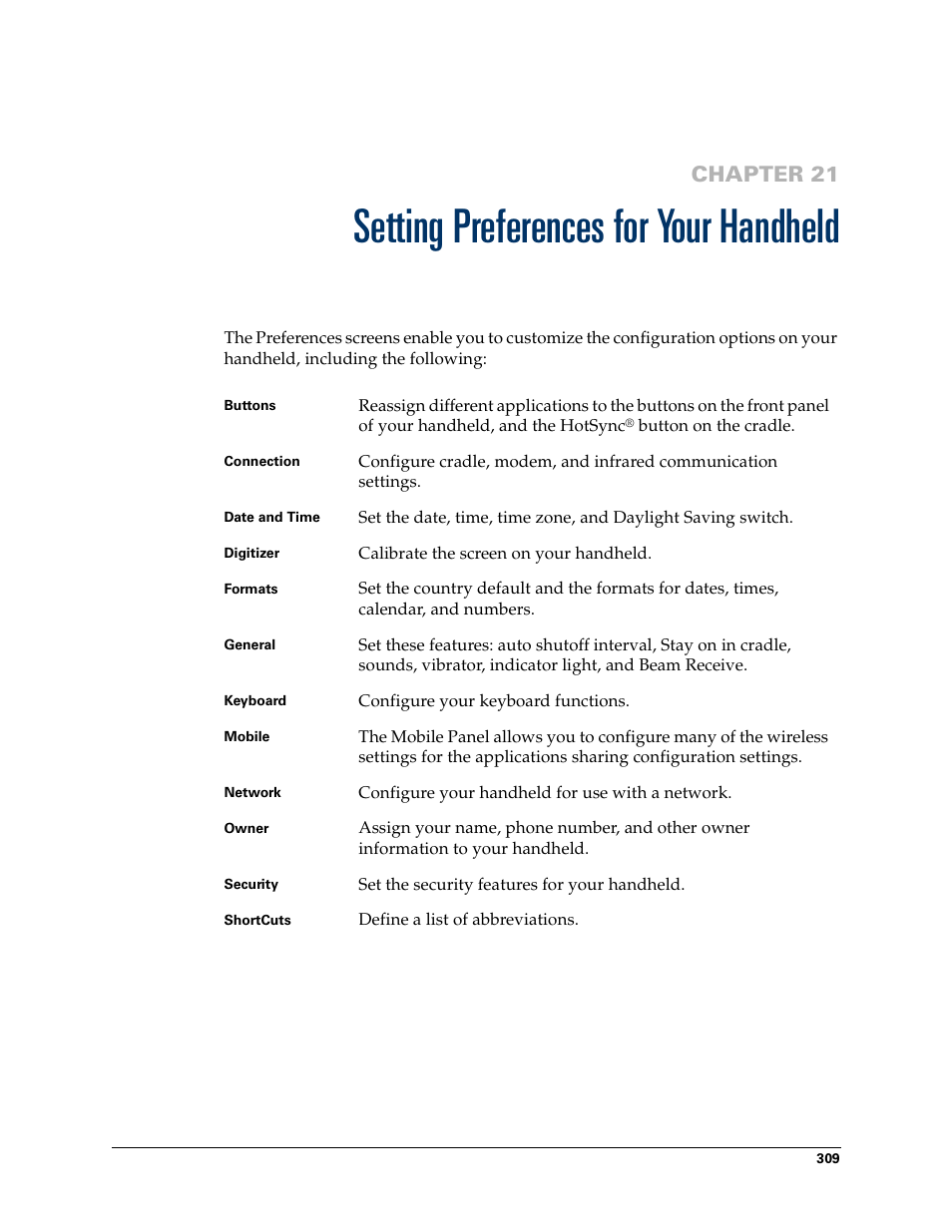 Setting preferences for your handheld, Chapter 21: setting preferences for your handheld, Chapter 21 | Palm Tungsten W User Manual | Page 323 / 428