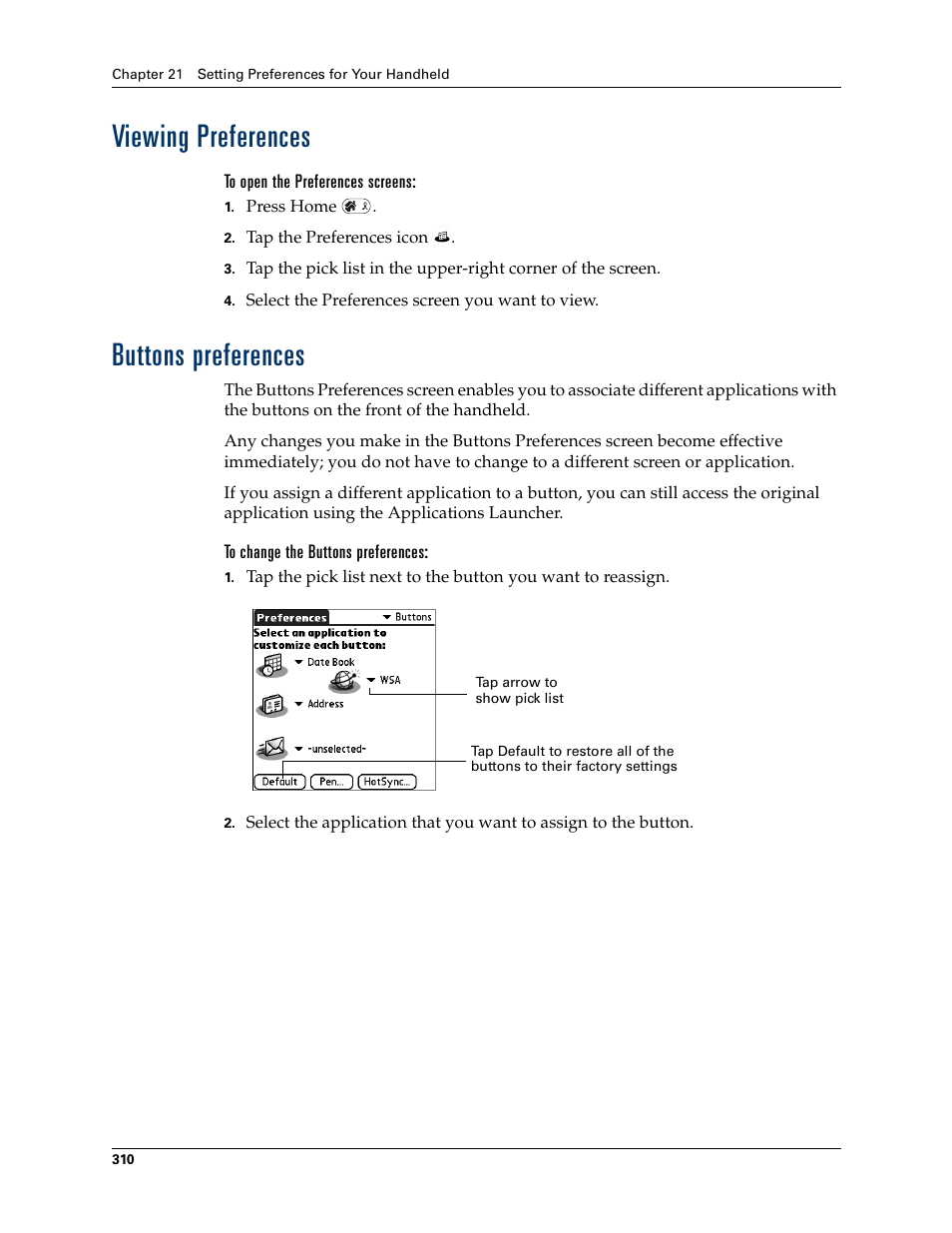 Viewing preferences, Buttons preferences, Viewing preferences buttons preferences | Ess. see, Chapter 21, Buttons, Preferences | Palm Tungsten W User Manual | Page 324 / 428