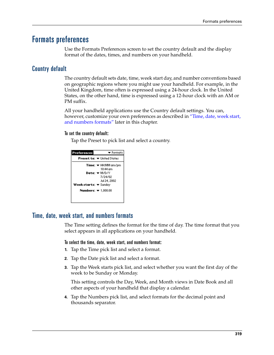 Formats preferences, Country default, Time, date, week start, and numbers formats | Palm Tungsten W User Manual | Page 333 / 428