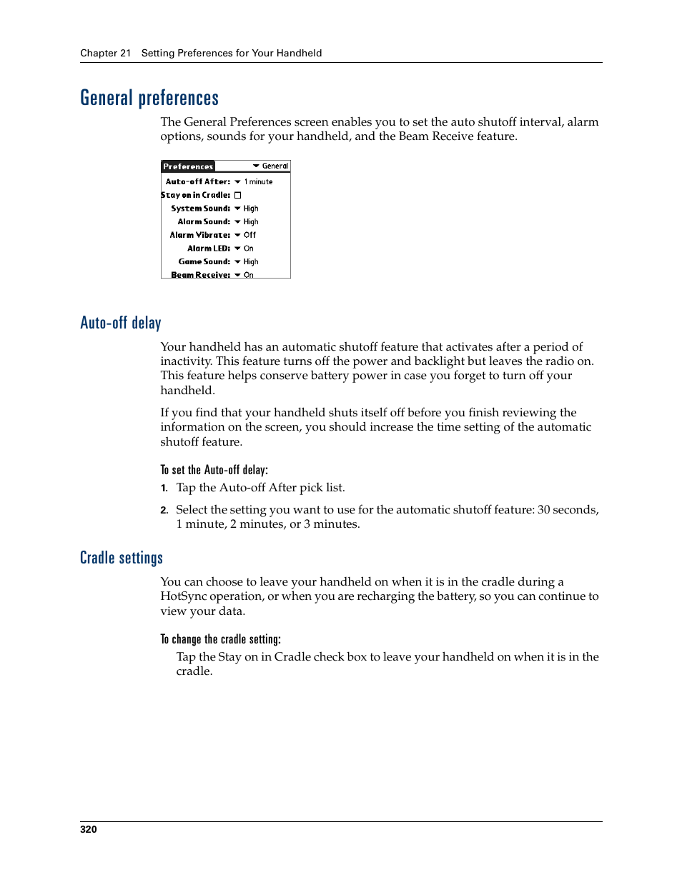 General preferences, Auto-off delay, Cradle settings | Auto-off delay cradle settings, Chapter 21 | Palm Tungsten W User Manual | Page 334 / 428