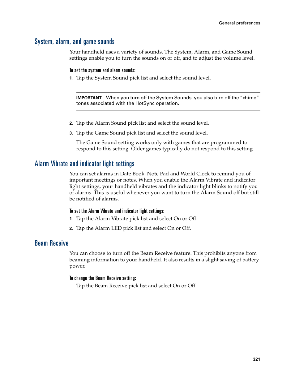 System, alarm, and game sounds, Alarm vibrate and indicator light settings, Beam receive | Palm Tungsten W User Manual | Page 335 / 428