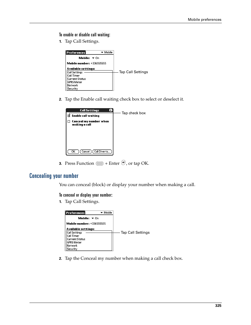 Concealing your number, Chapter 21 | Palm Tungsten W User Manual | Page 339 / 428