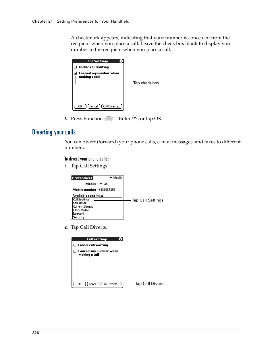 Diverting your calls, Chapter 21 | Palm Tungsten W User Manual | Page 340 / 428