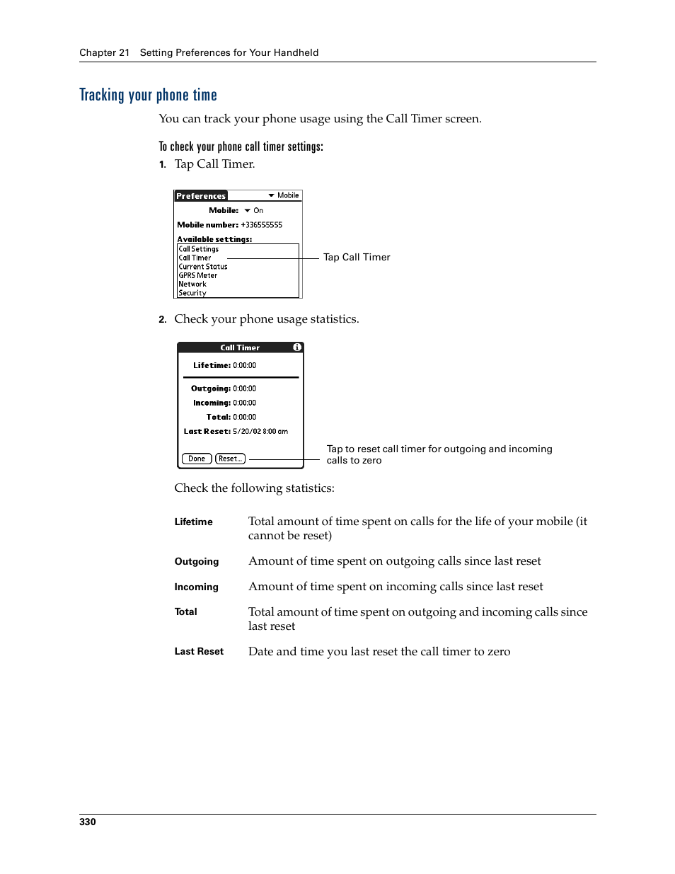 Tracking your phone time, Chapter 21 | Palm Tungsten W User Manual | Page 344 / 428