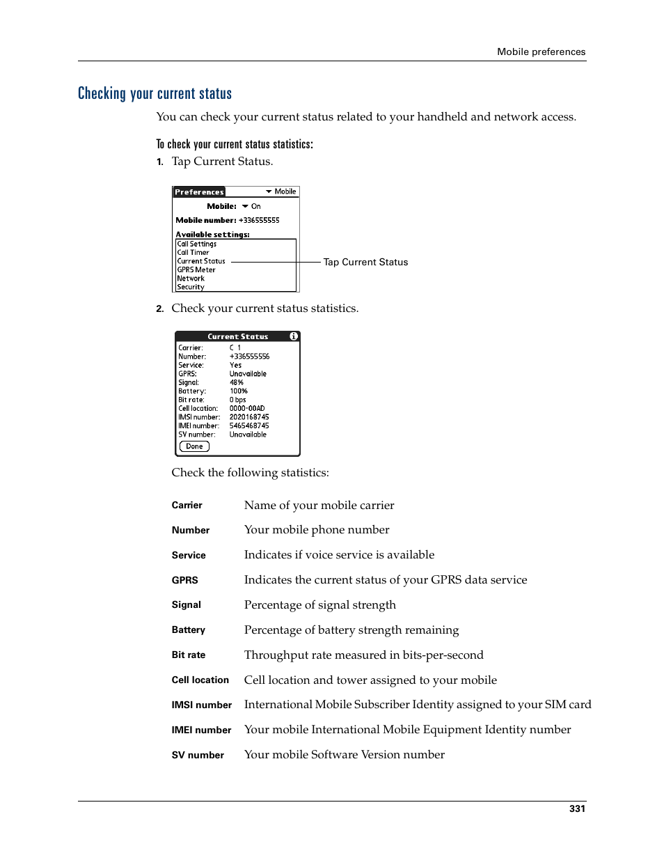 Checking your current status, Tion. see, Checking your | Current status, Chapter 21 | Palm Tungsten W User Manual | Page 345 / 428