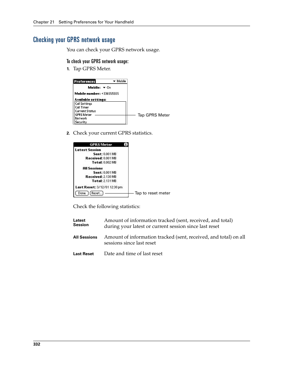 Checking your gprs network usage, Tion. see, Checking your gprs network | Usage, Chapter 21 | Palm Tungsten W User Manual | Page 346 / 428