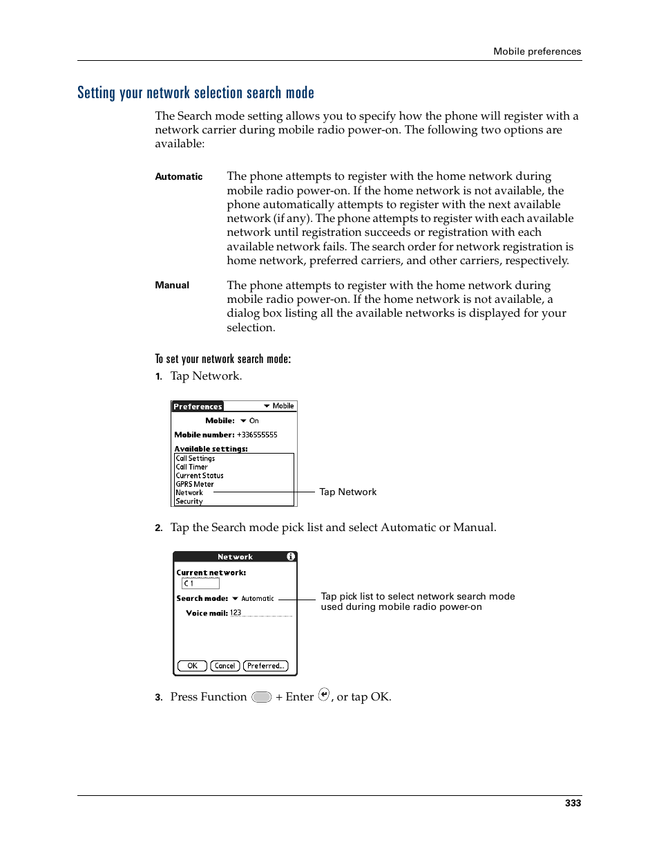 Setting your network selection search mode, Setting your, Network selection search mode | Chapter 21 | Palm Tungsten W User Manual | Page 347 / 428