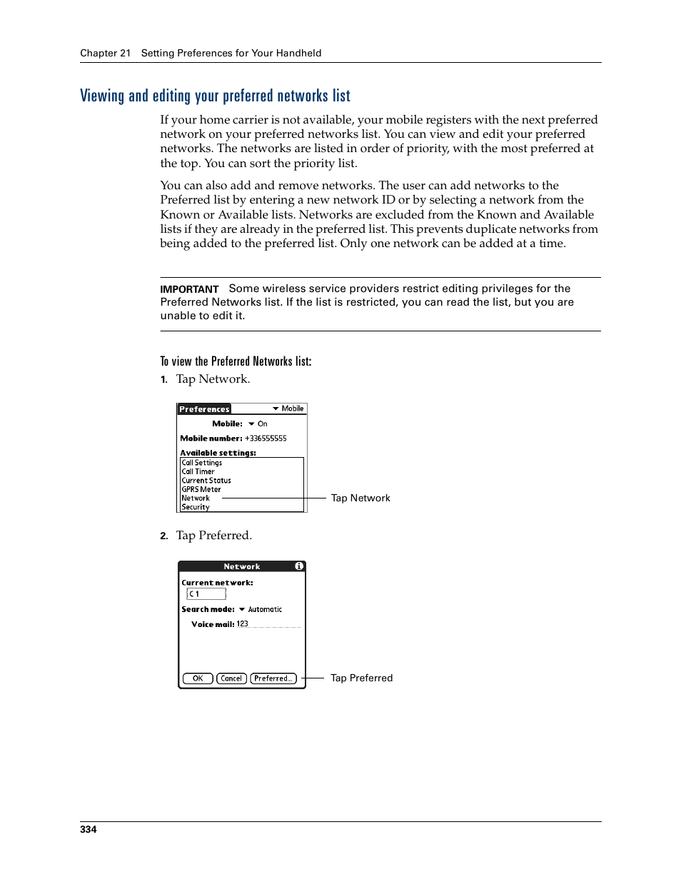 Viewing and editing your preferred networks list, Chapter 21 | Palm Tungsten W User Manual | Page 348 / 428