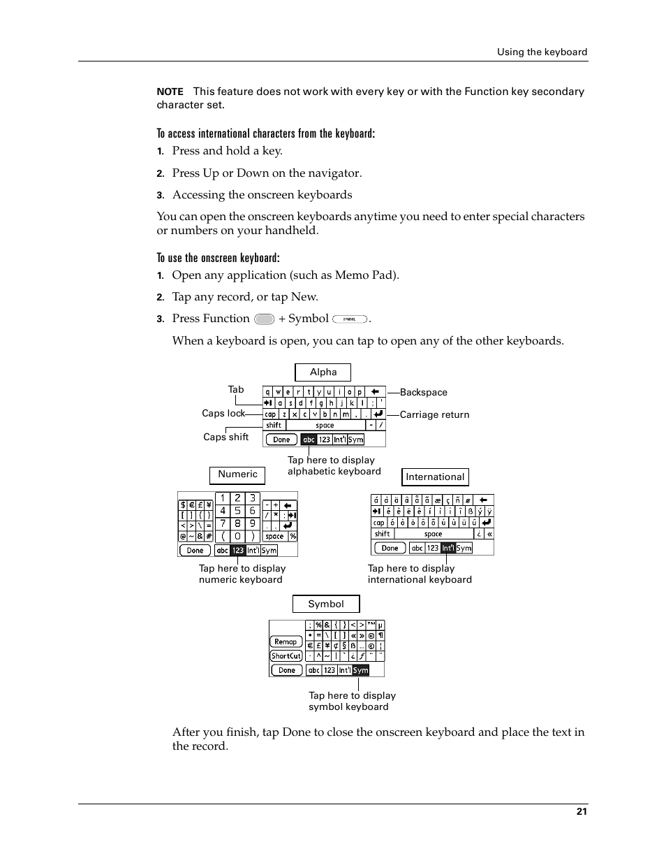 Accessing the onscreen keyboards | Palm Tungsten W User Manual | Page 35 / 428