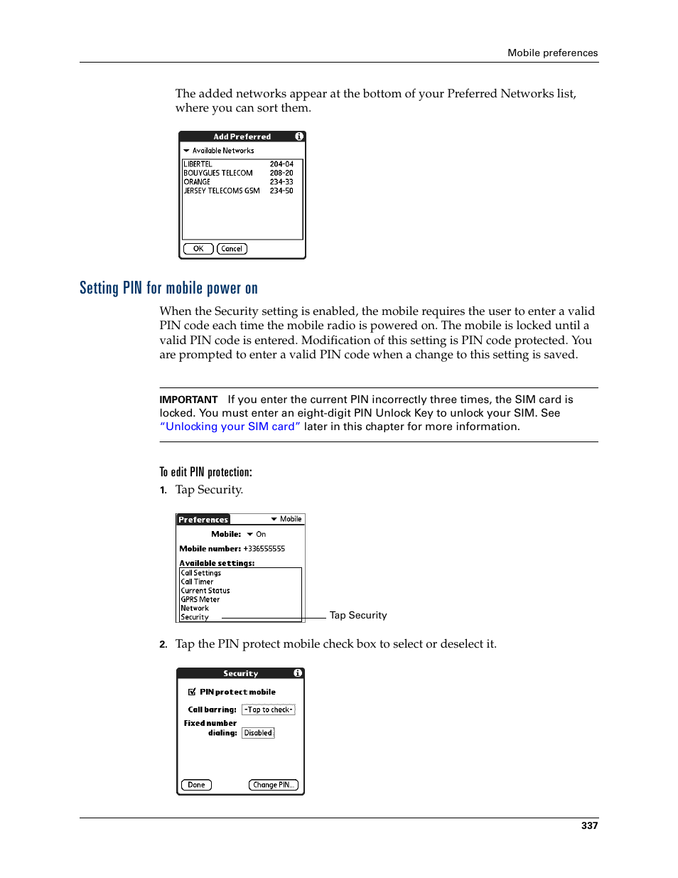 Setting pin for mobile power on, Chapter 21 | Palm Tungsten W User Manual | Page 351 / 428