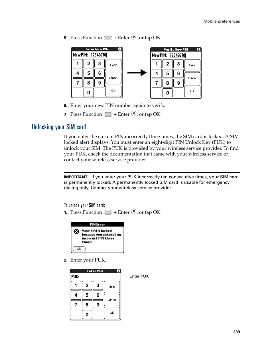 Unlocking your sim card | Palm Tungsten W User Manual | Page 353 / 428