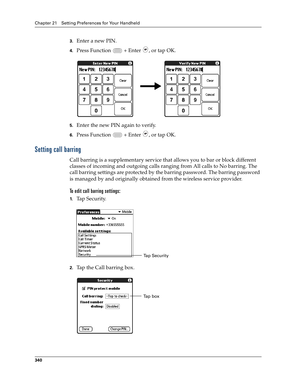 Setting call barring, Chapter 21 | Palm Tungsten W User Manual | Page 354 / 428