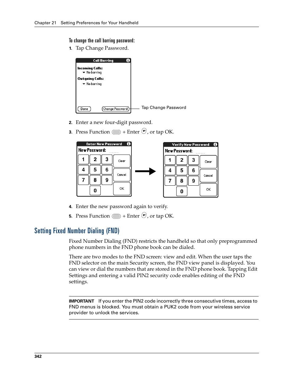 Setting fixed number dialing (fnd), Chapter 21 | Palm Tungsten W User Manual | Page 356 / 428