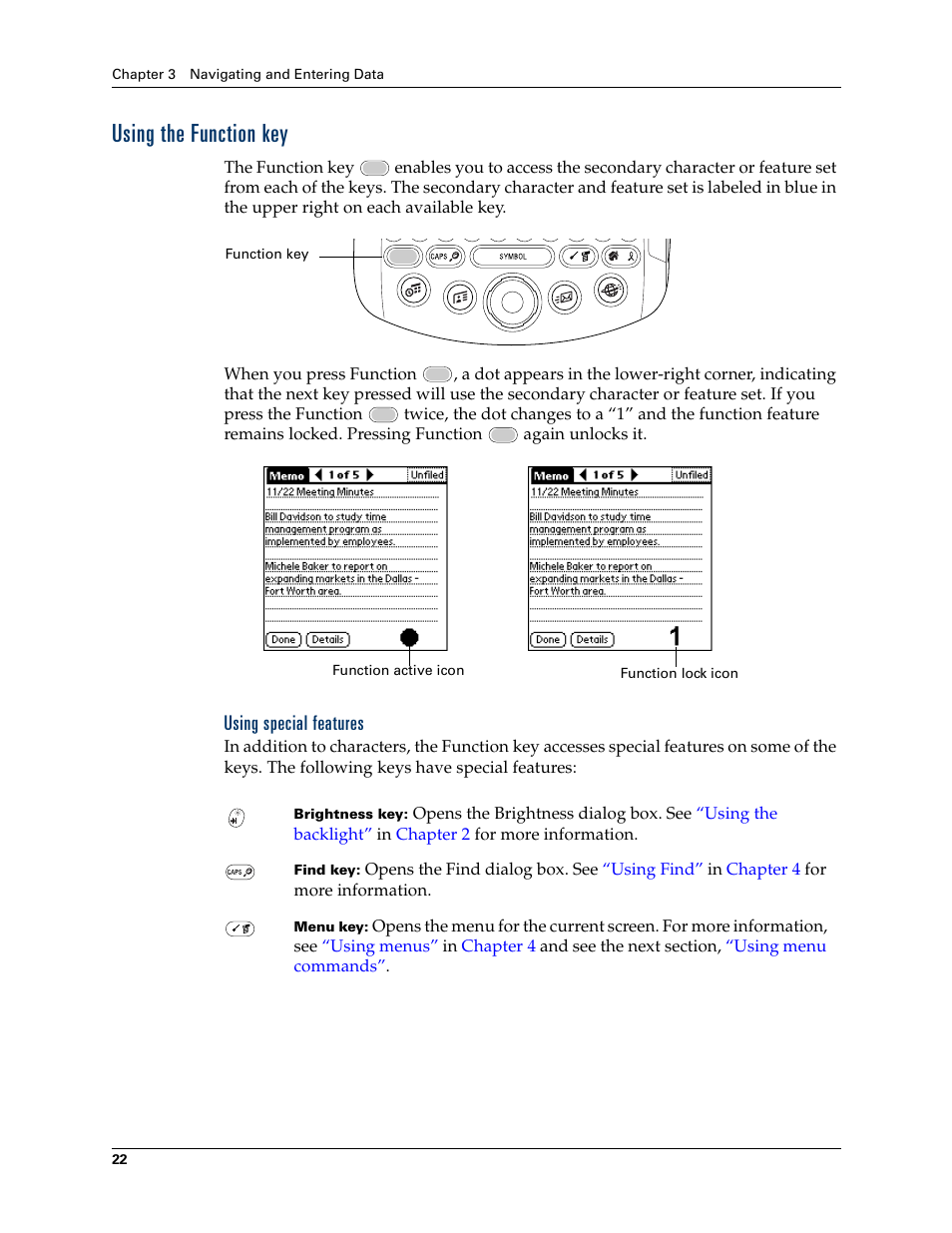 Using the function key, Using special features, Using the | Function key | Palm Tungsten W User Manual | Page 36 / 428