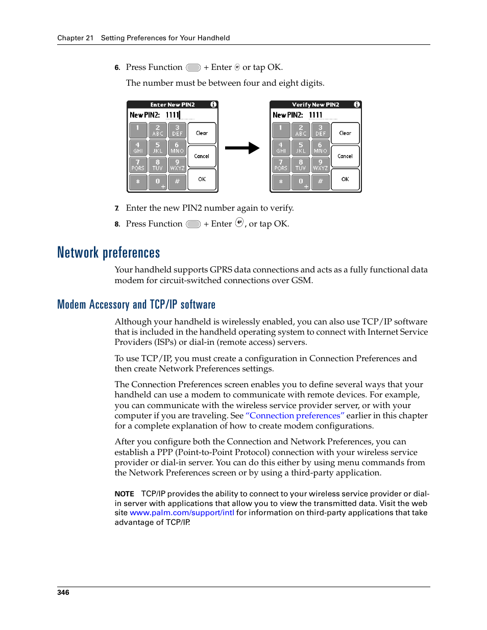 Network preferences, Modem accessory and tcp/ip software, Chapter 21 | Palm Tungsten W User Manual | Page 360 / 428