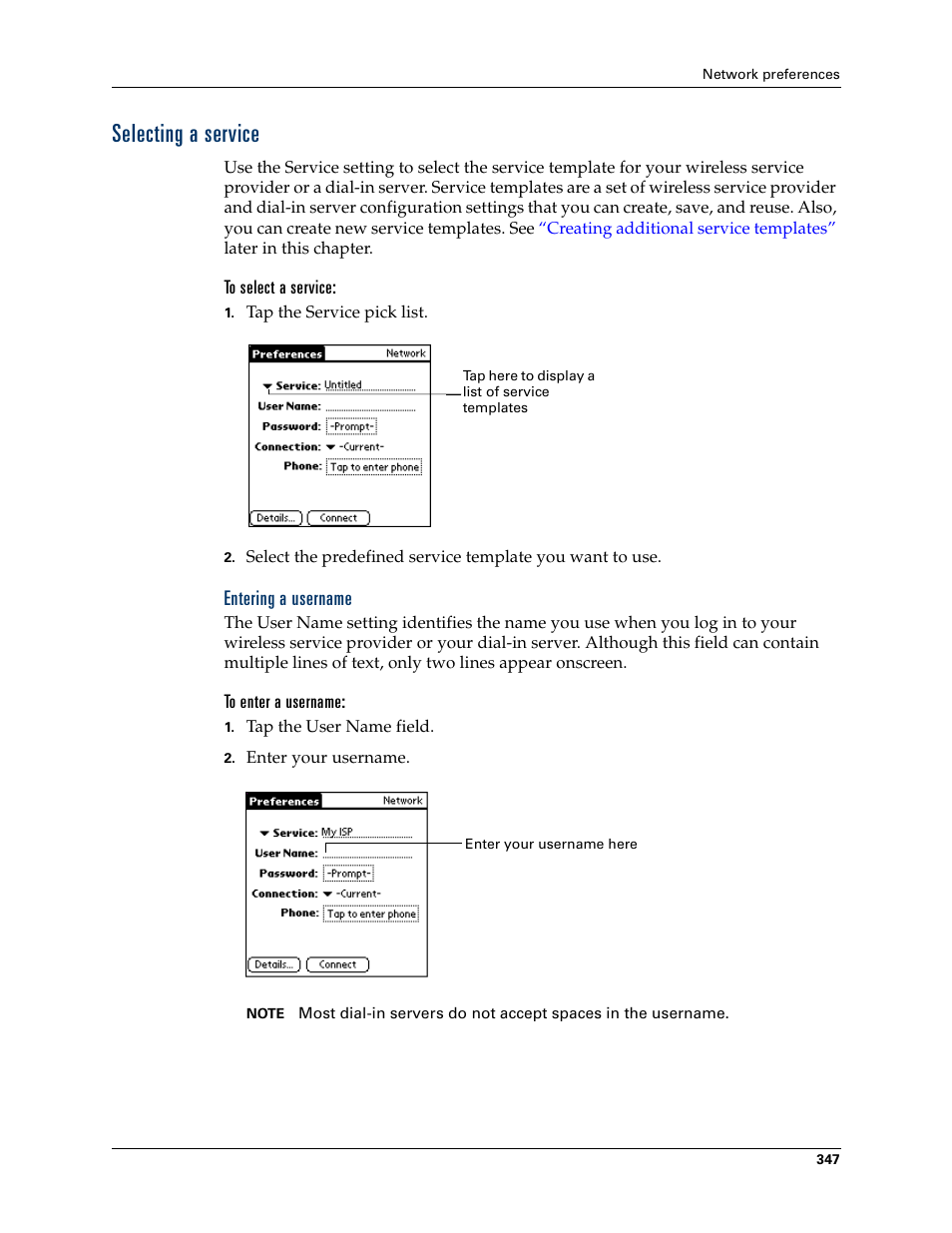 Selecting a service, Entering a username | Palm Tungsten W User Manual | Page 361 / 428