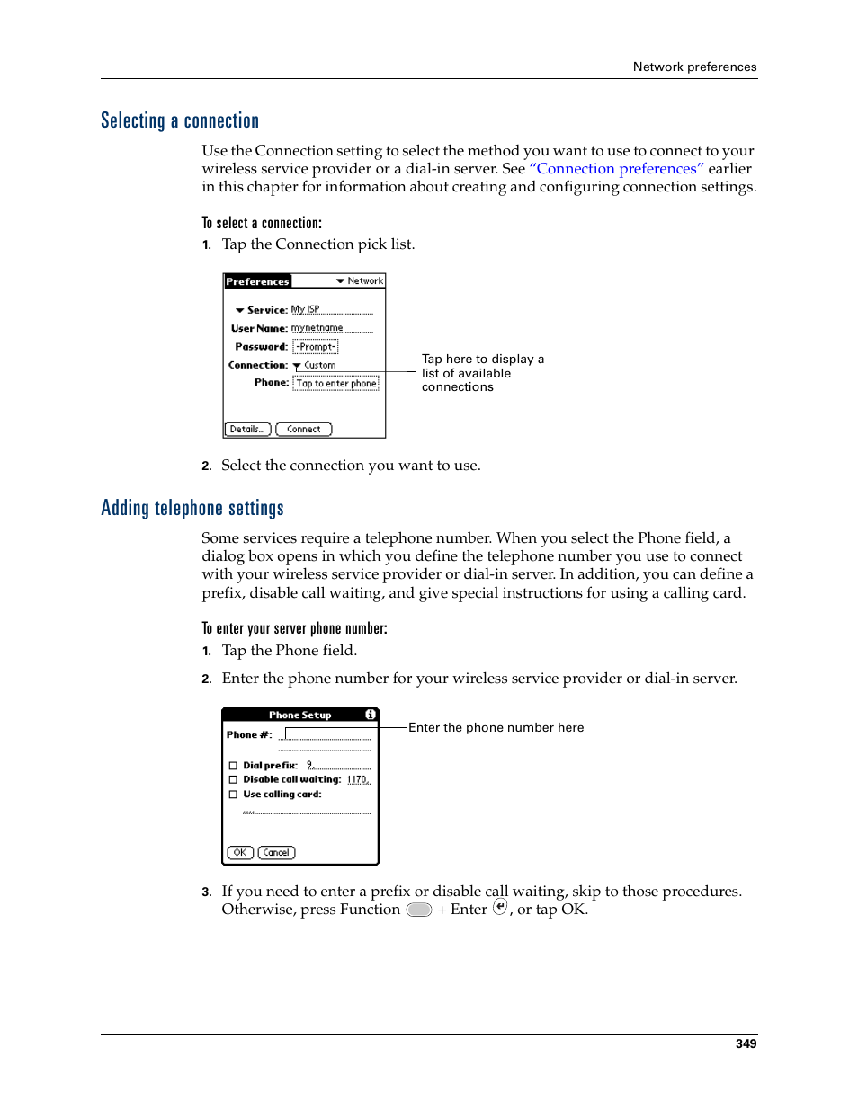 Selecting a connection, Adding telephone settings, Selecting a connection adding telephone settings | Palm Tungsten W User Manual | Page 363 / 428