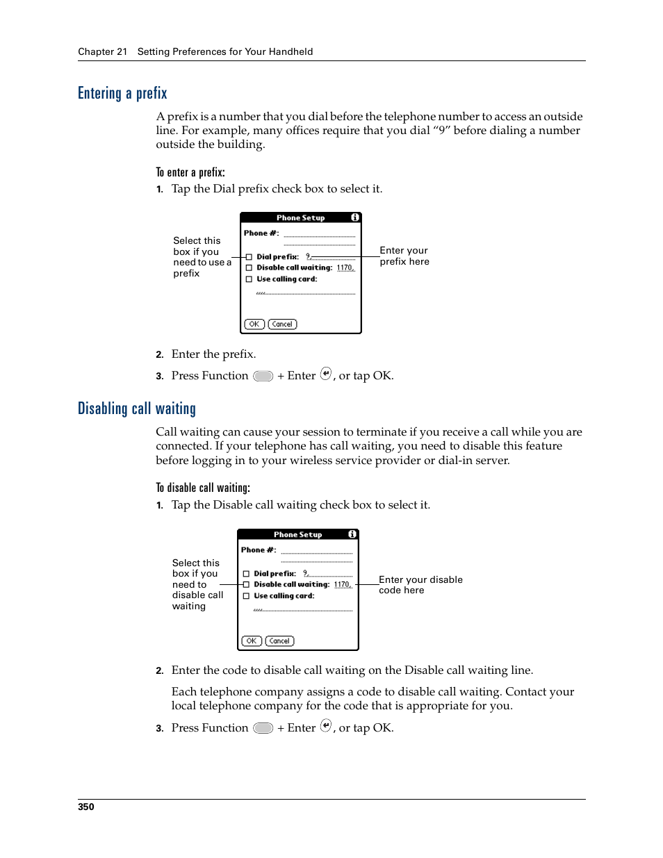 Entering a prefix, Disabling call waiting, Entering a prefix disabling call waiting | Palm Tungsten W User Manual | Page 364 / 428