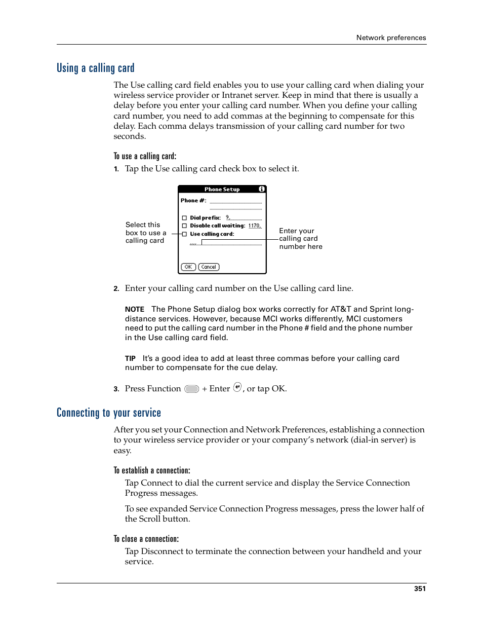 Using a calling card, Connecting to your service, Using a calling card connecting to your service | Palm Tungsten W User Manual | Page 365 / 428