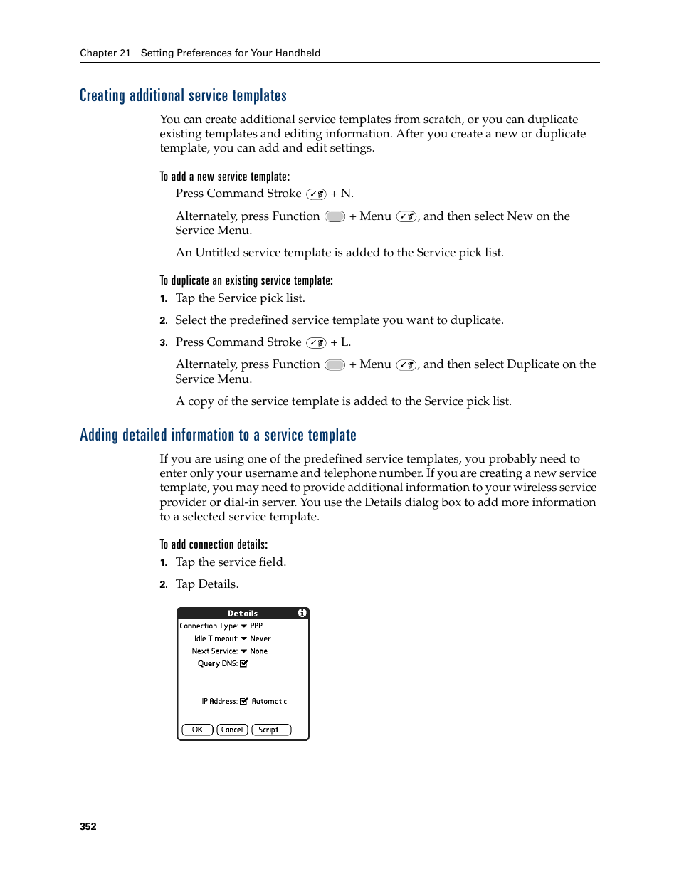 Creating additional service templates, Adding detailed information to a service template | Palm Tungsten W User Manual | Page 366 / 428