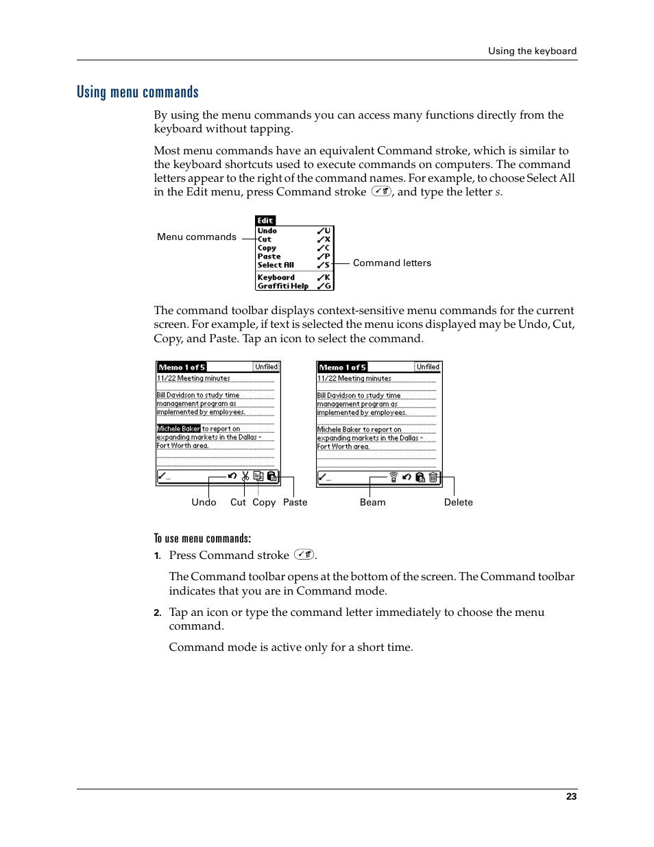 Using menu commands, Tion, Using menu | Commands | Palm Tungsten W User Manual | Page 37 / 428