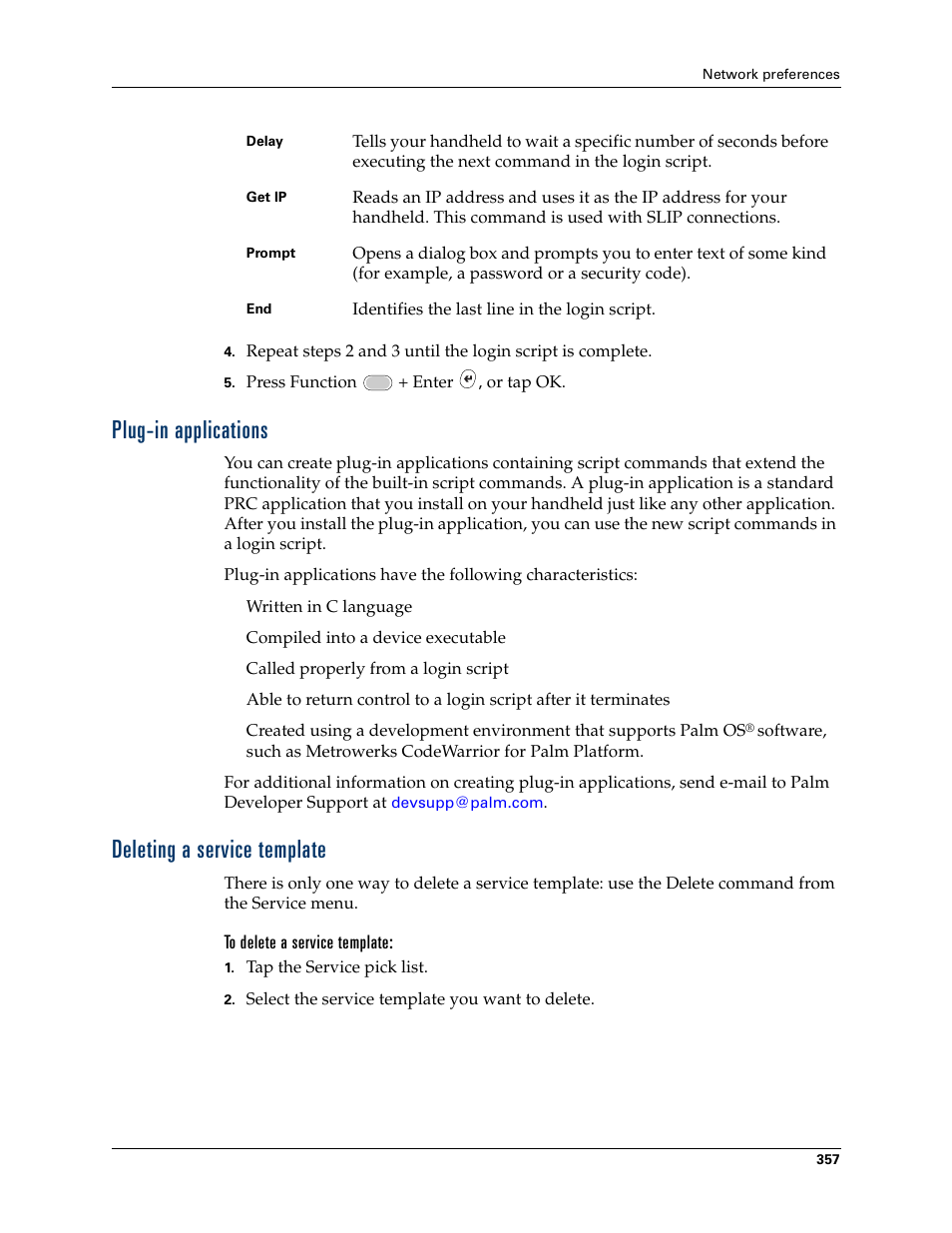 Plug-in applications, Deleting a service template, Plug-in applications deleting a service template | Palm Tungsten W User Manual | Page 371 / 428