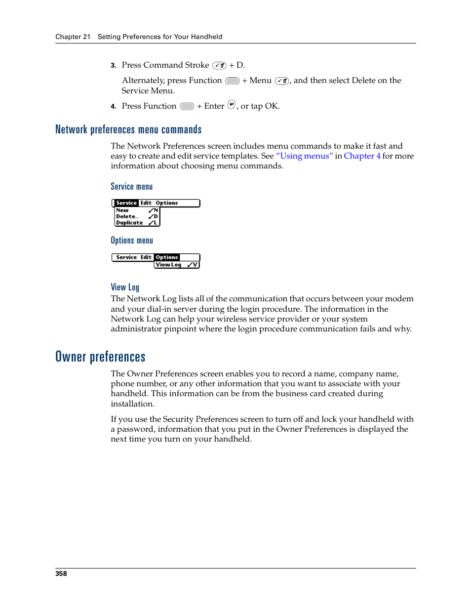 Network preferences menu commands, Service menu, Options menu | View log, Owner preferences | Palm Tungsten W User Manual | Page 372 / 428