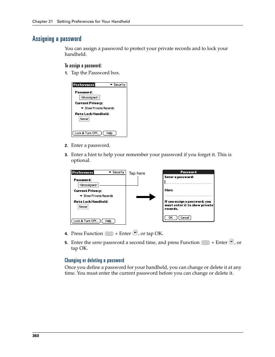 Assigning a password, Changing or deleting a password | Palm Tungsten W User Manual | Page 374 / 428