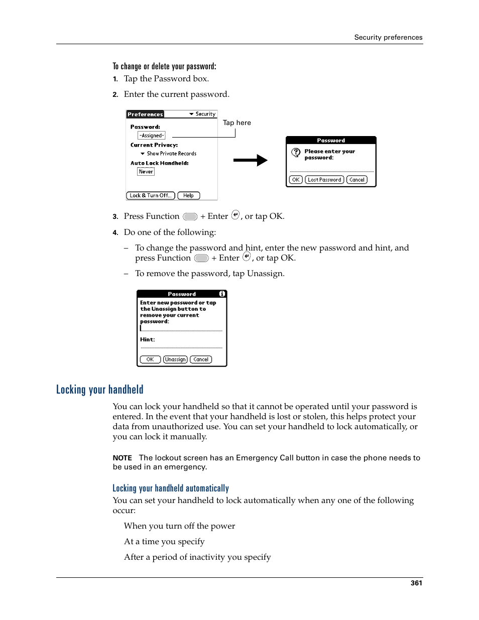 Locking your handheld, Locking your handheld automatically | Palm Tungsten W User Manual | Page 375 / 428