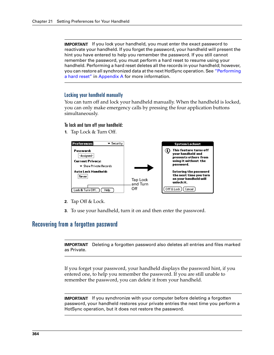 Locking your handheld manually, Recovering from a forgotten password | Palm Tungsten W User Manual | Page 378 / 428