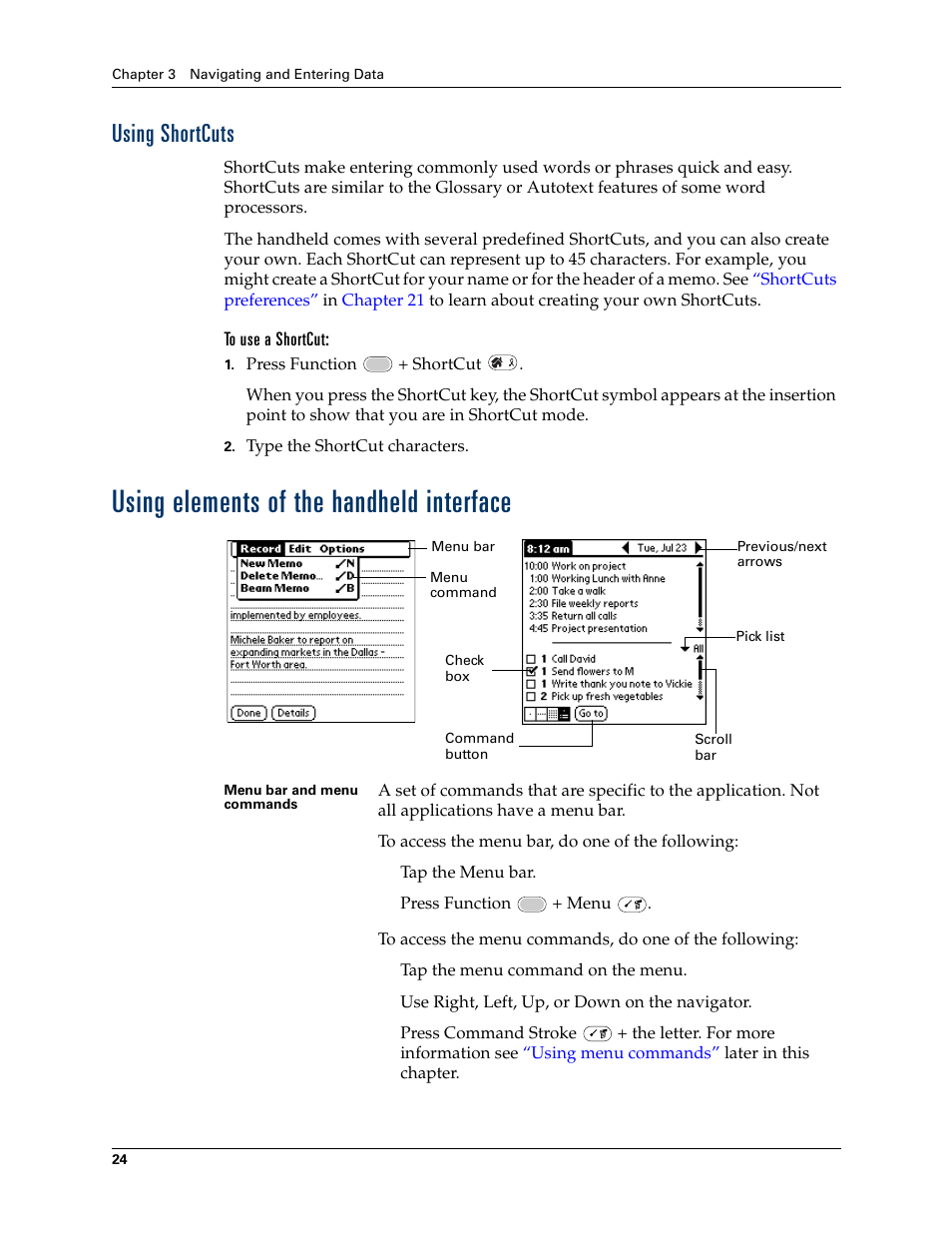 Using shortcuts, Using elements of the handheld interface, Ons. see | Chapter 3, Using, Shortcuts | Palm Tungsten W User Manual | Page 38 / 428