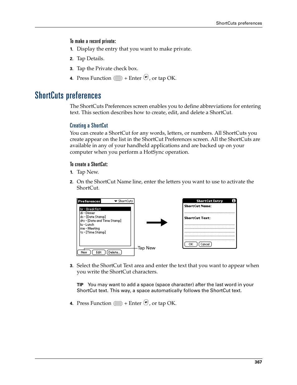 Shortcuts preferences, Creating a shortcut, Memo. see | Shortcuts, Preferences, Chapter 21 | Palm Tungsten W User Manual | Page 381 / 428