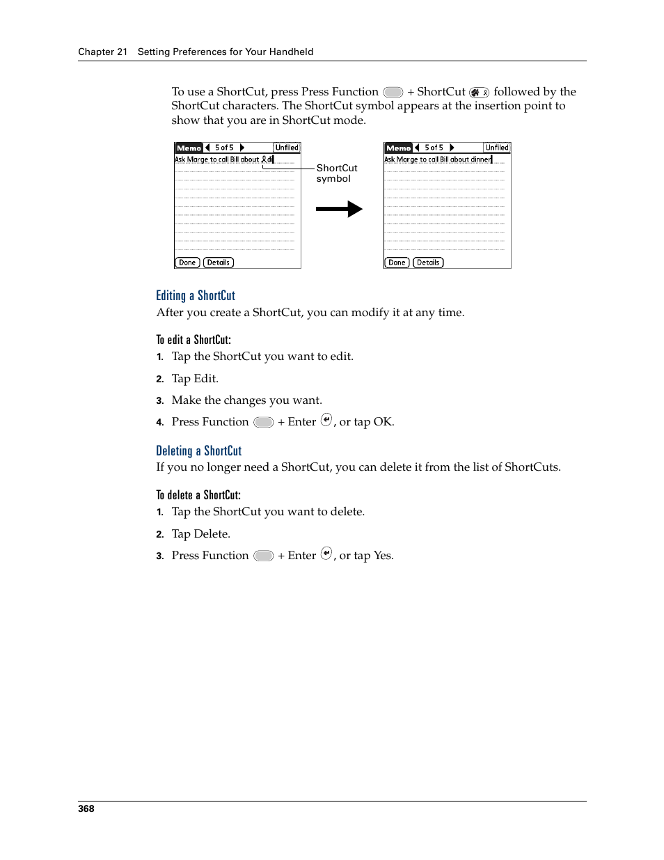 Editing a shortcut, Deleting a shortcut | Palm Tungsten W User Manual | Page 382 / 428