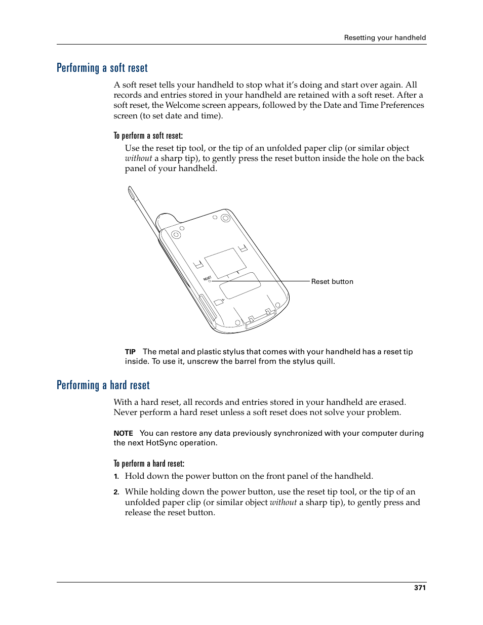 Performing a soft reset, Performing a hard reset, Performing a soft reset performing a hard reset | Performing, A hard reset, Appendix a | Palm Tungsten W User Manual | Page 385 / 428