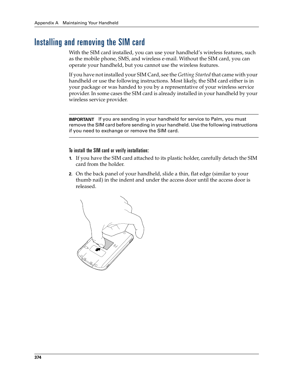 Installing and removing the sim card | Palm Tungsten W User Manual | Page 388 / 428