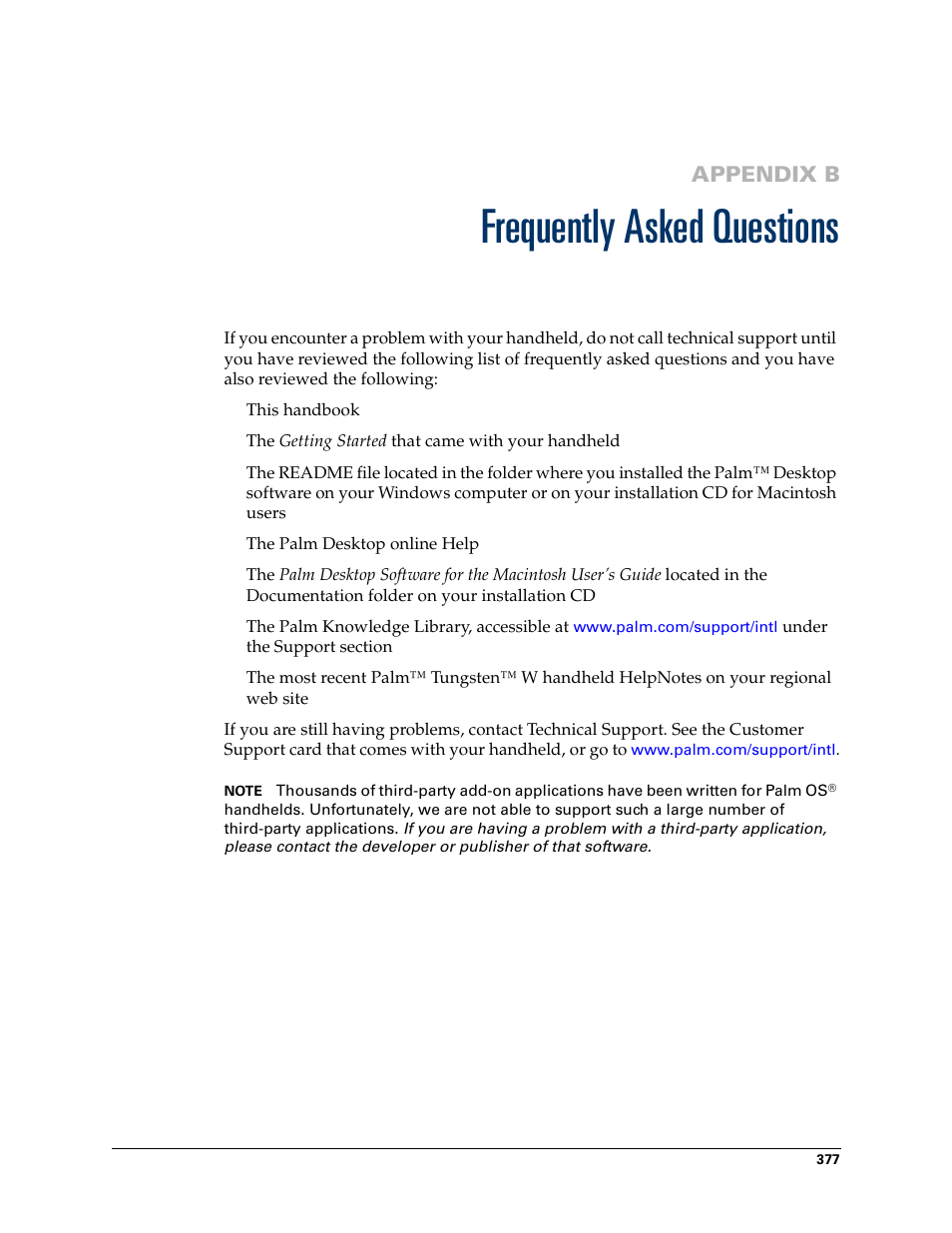 Frequently asked questions, Appendix b: frequently asked questions, Appendix b | Palm Tungsten W User Manual | Page 391 / 428