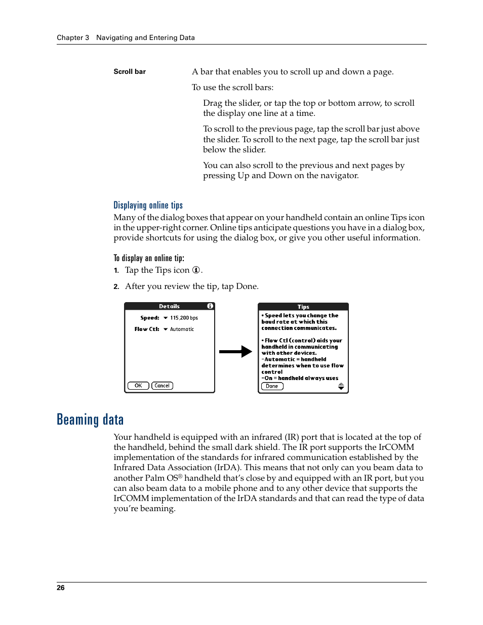 Displaying online tips, Beaming data | Palm Tungsten W User Manual | Page 40 / 428