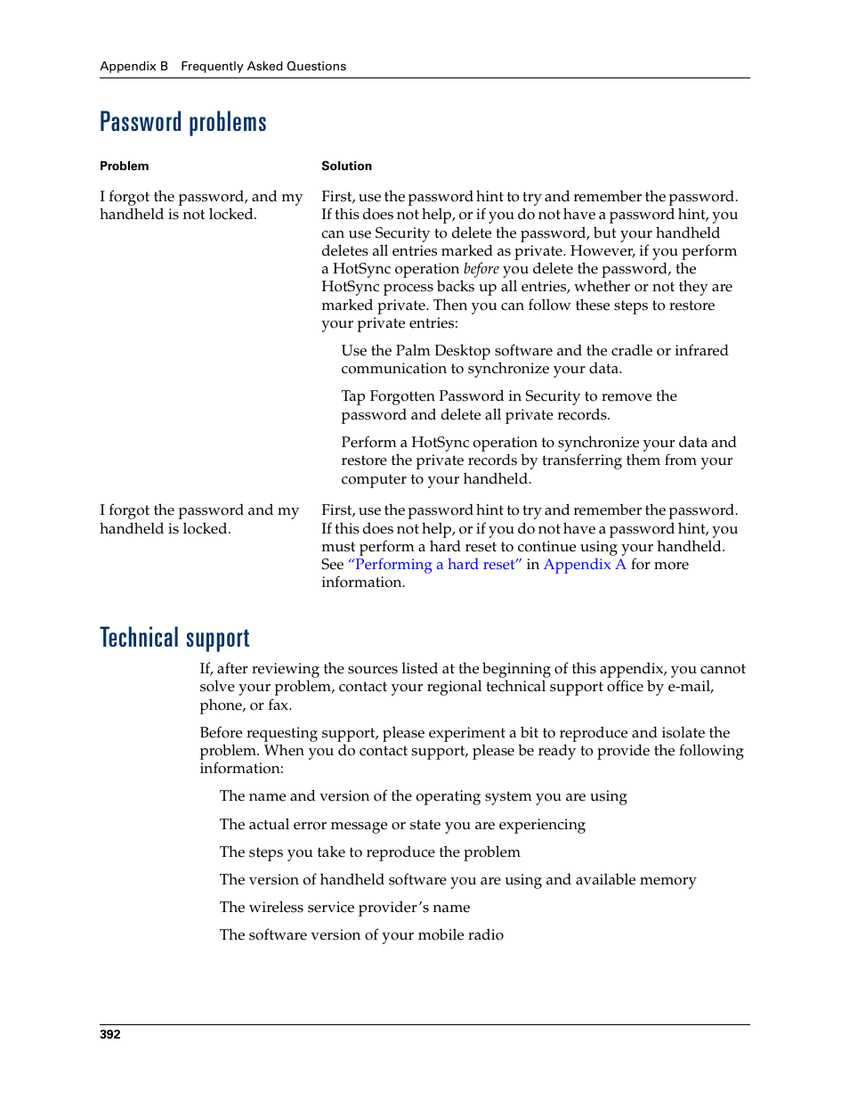 Password problems, Technical support, Password problems technical support | Palm Tungsten W User Manual | Page 406 / 428