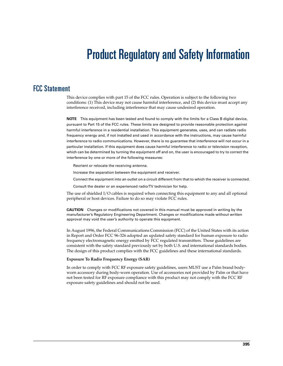 Product regulatory and safety information, Fcc statement | Palm Tungsten W User Manual | Page 409 / 428